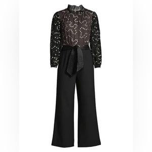 REBECCA TAYLOR black silver 
Metallic Dotted Silk Wide-Leg Jumpsuit size 6